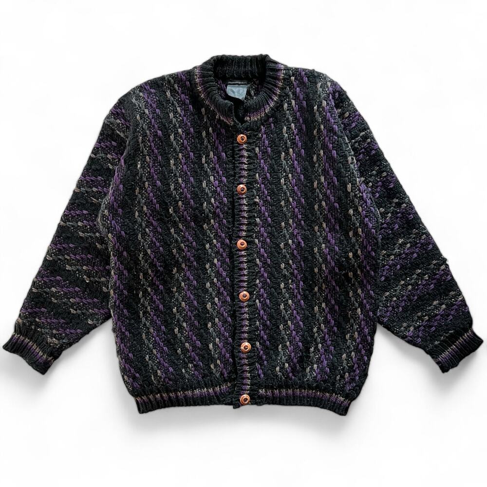 Vintage Chunky Hand Knit Striped Cardigan Sweater Black Purple Grandpa L Preppy